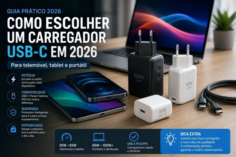 Como escolher um carregador USB-C em 2026: guia prático para telemóvel, tablet e portátil