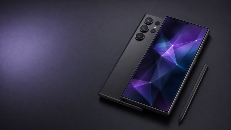 Smartphone premium com caneta digital sobre fundo escuro
