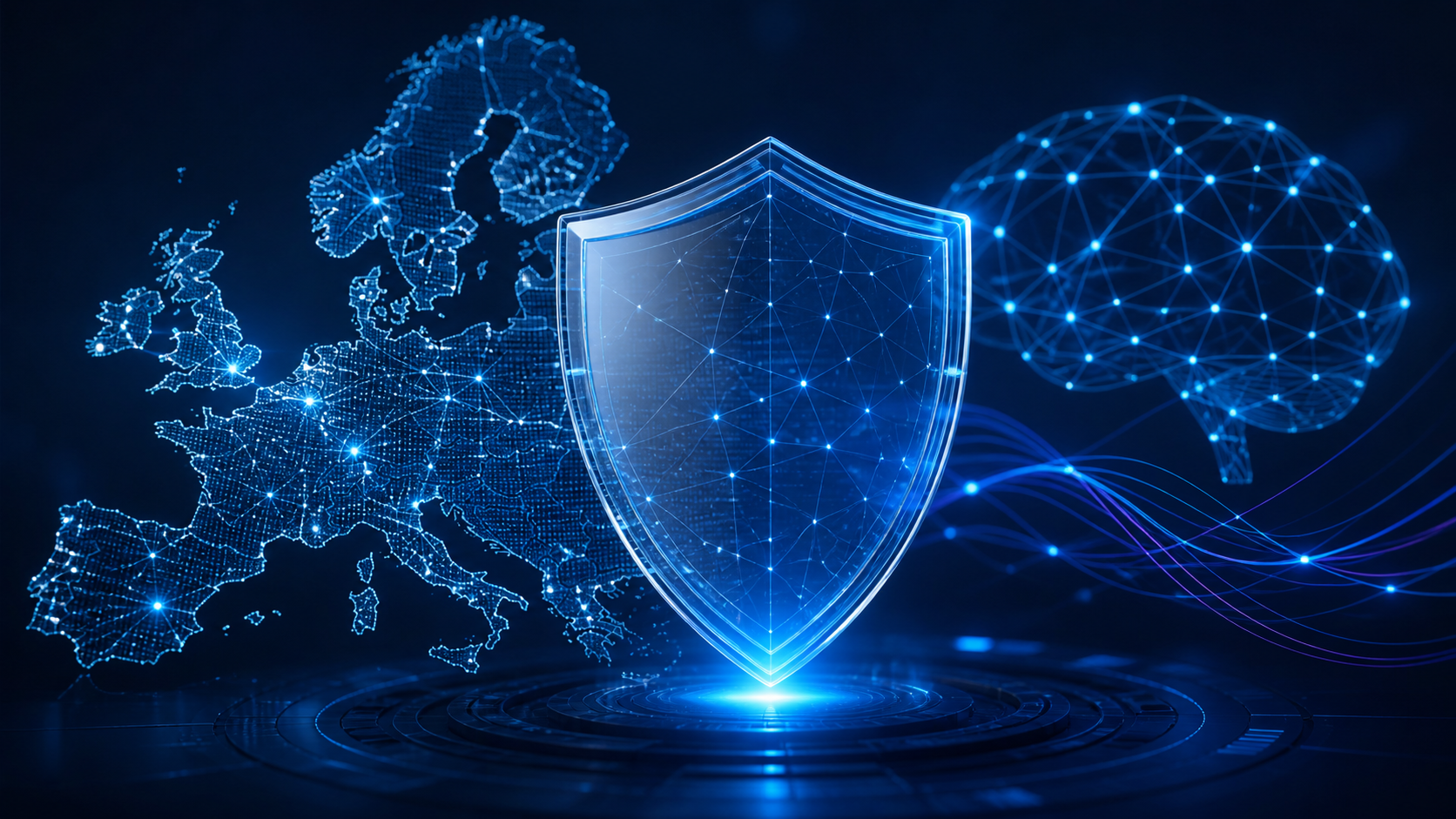 Mapa digital da Europa, escudo de proteção e rede neural que representam o AI Act
